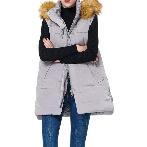 Orolay Gray Puffer Vest W/ Faux Fur Hood Zip & Snap Close Polyester Size 2X - Picture 1 of 7